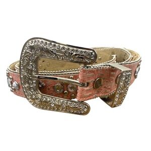 BHW Pink Embossed Leather Western Rhinestone Cross Belt XL Y2K Bedazzled Vintage